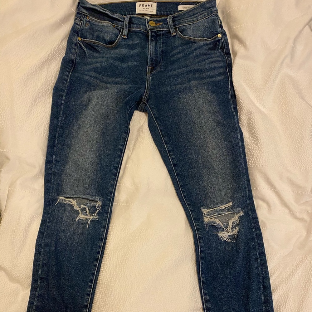 Frame Skinny raw edge blue denim jeans size 26